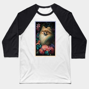 Pomeranian Dog Vibrant Tropical Flower Tall Digital Oil Painting Portrait 3 Baseball T-Shirt